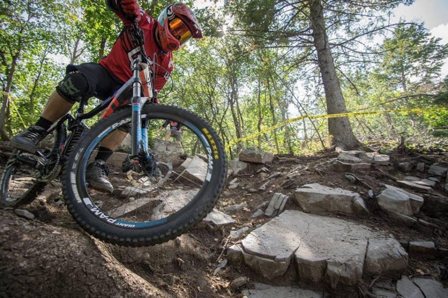 Racer Jacob Meyers takes the outside line around the rock garden at the IMCCC event at Sundance Mountain Resort. PC: Colin Eichinger